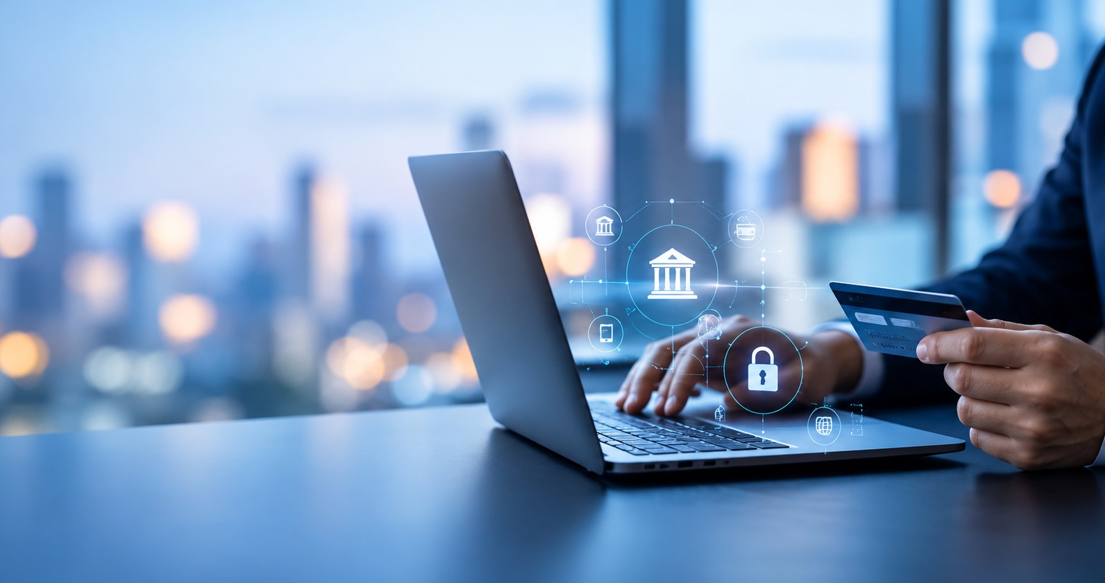 Person making a secure card payment on a laptop with digital banking icons overlaid