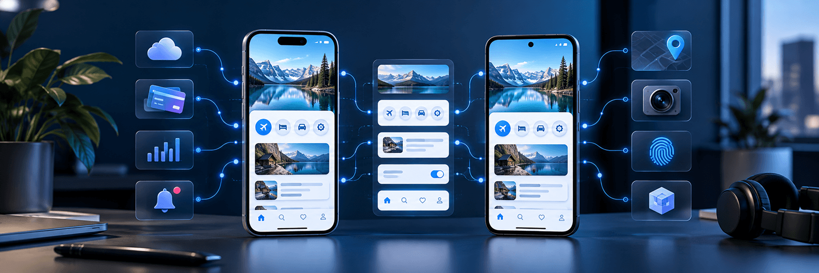 iOS and Android phones sharing one React Native interface, connected to cloud, payments, analytics, camera, and biometrics