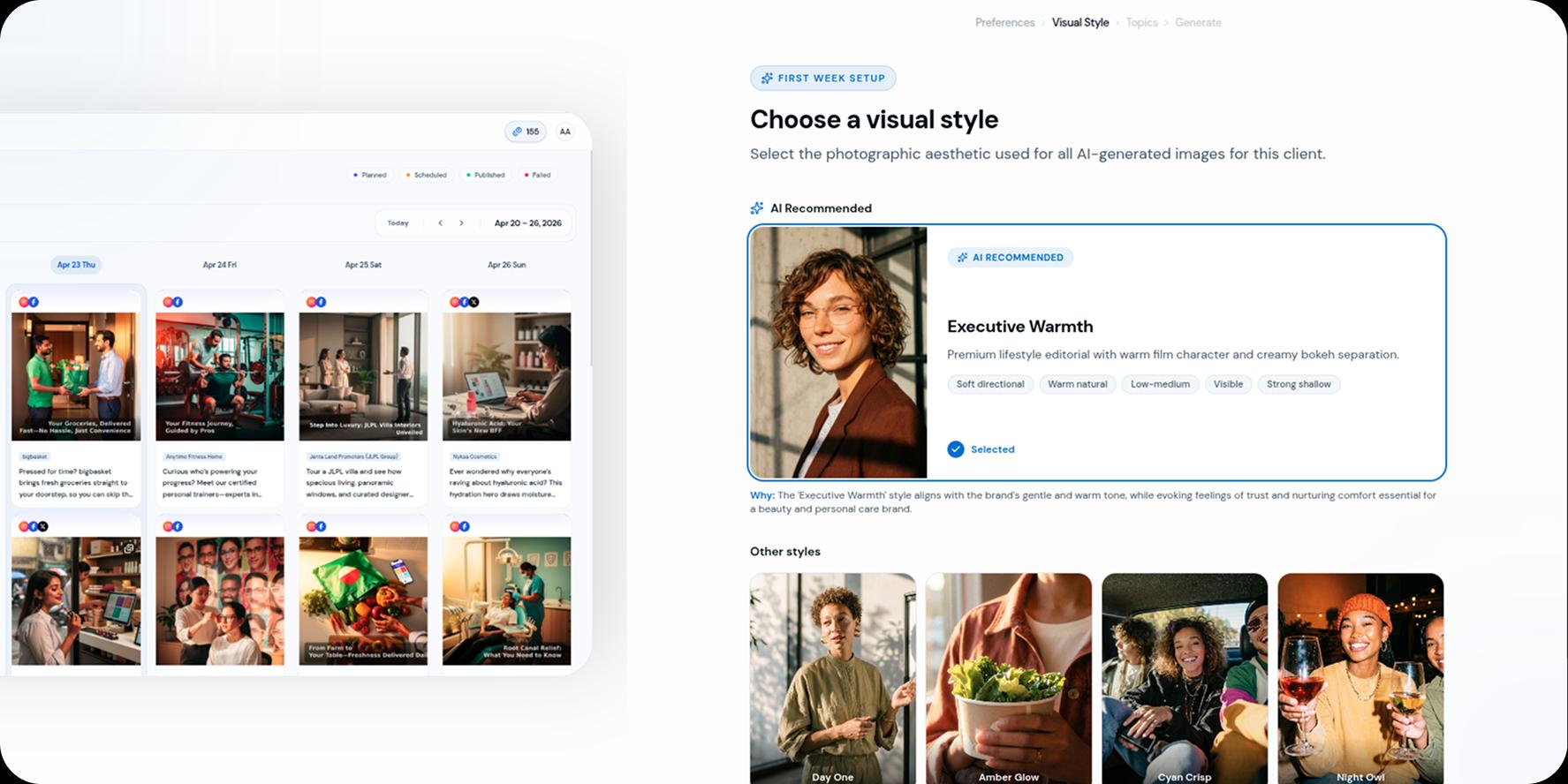 Drawpost AI content calendar and visual style selection dashboard