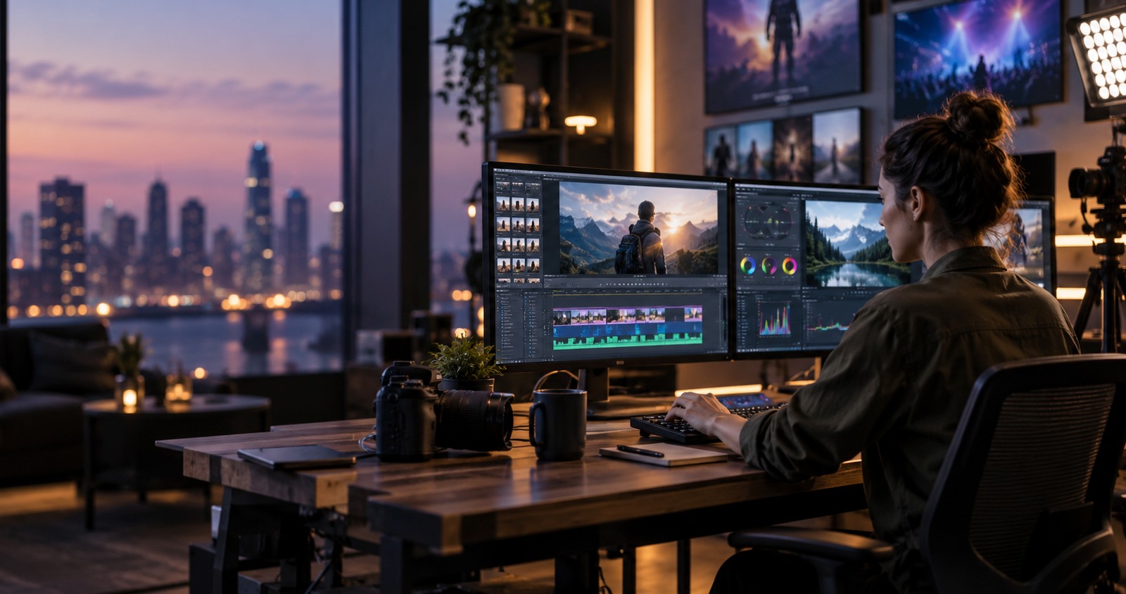 Video editor colour grading footage on a dual-monitor studio workstation