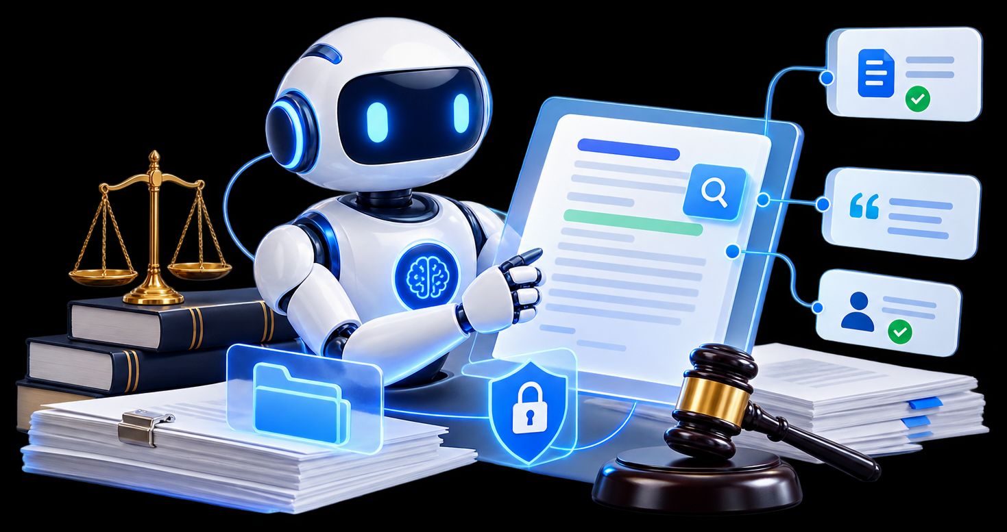 Legal professional using AI-assisted research and document review with human oversight