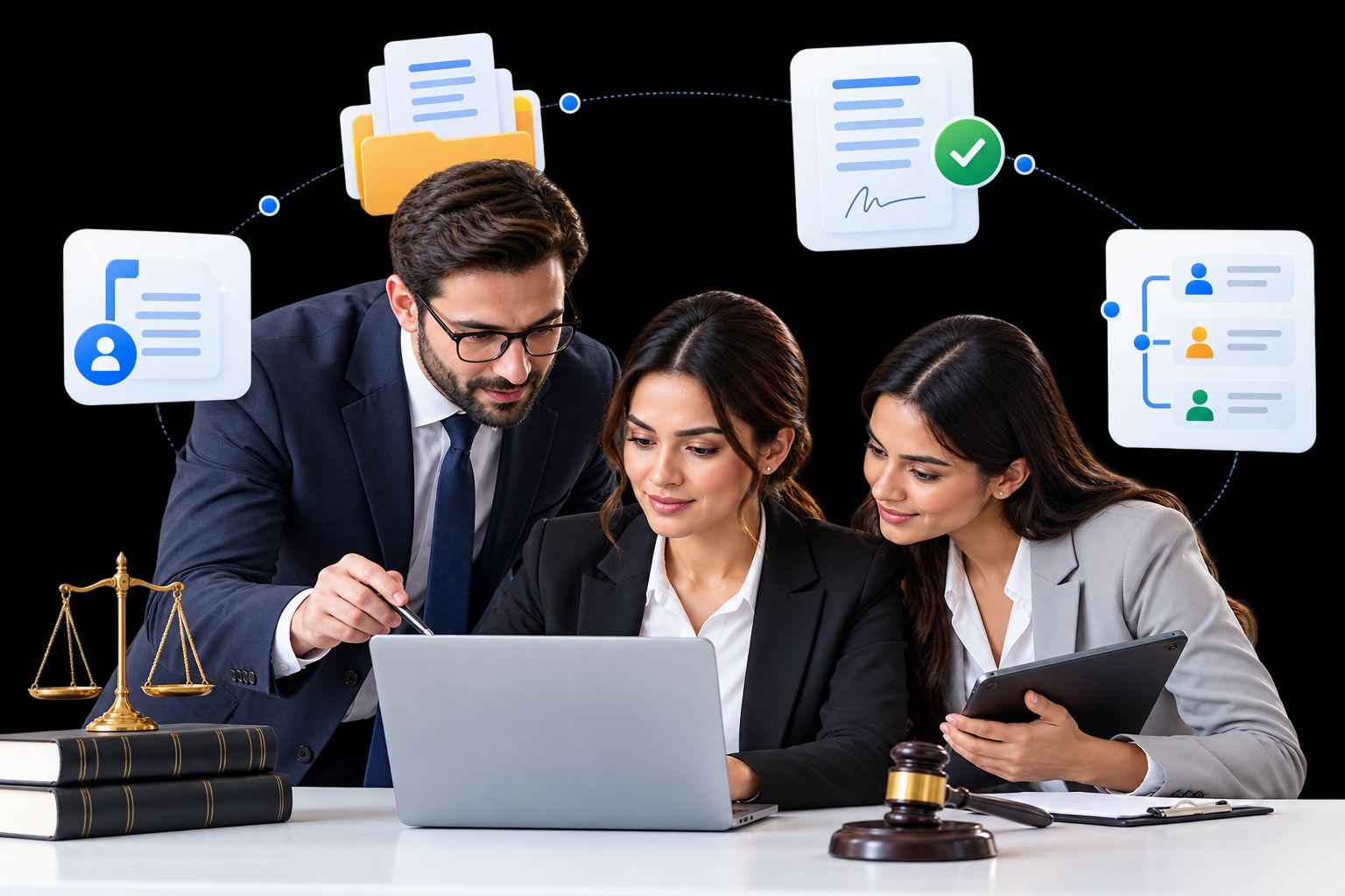 Legal team reviewing connected intake, document, and approval workflows on a laptop