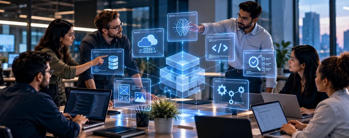 Engineering specialists collaborating around holographic panels for cloud, AI, data, code and testing