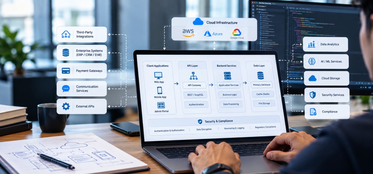 Mobile app architecture diagram connecting APIs, enterprise systems, and cloud infrastructure