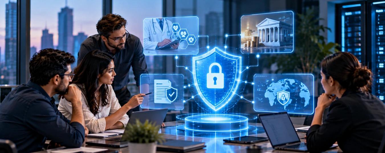 Team reviewing a security shield linked to healthcare, banking, documents and global data protection