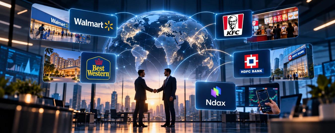 Business handshake before a globe surrounded by Walmart, KFC, Best Western, HDFC Bank and NDAX