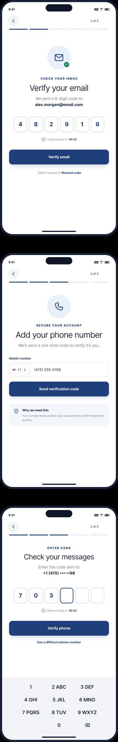 Mobile app email, phone and code verification screens