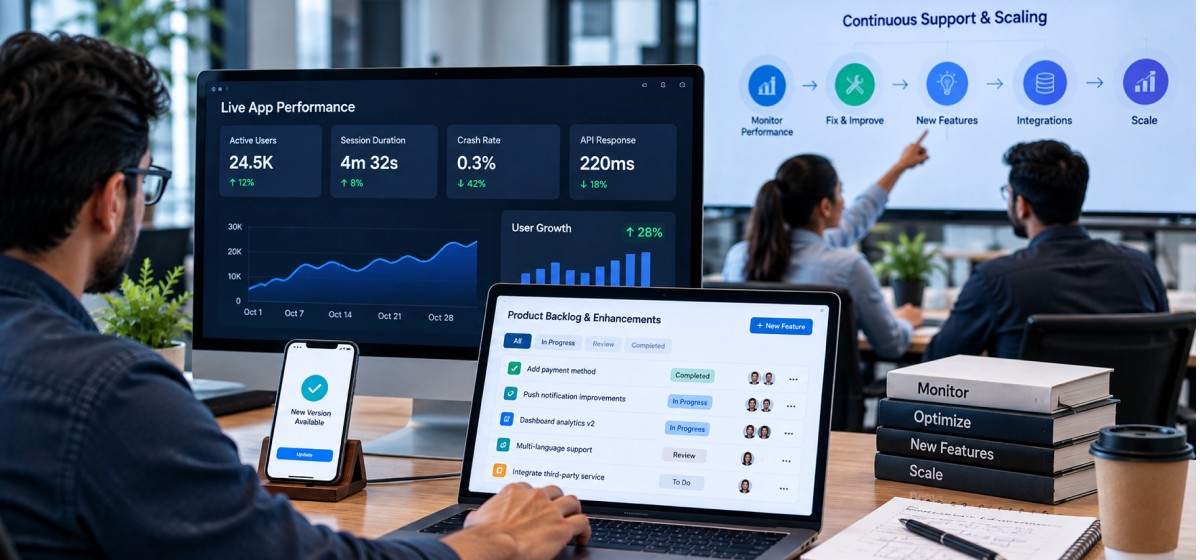 Team monitoring live app performance metrics and planning new feature releases