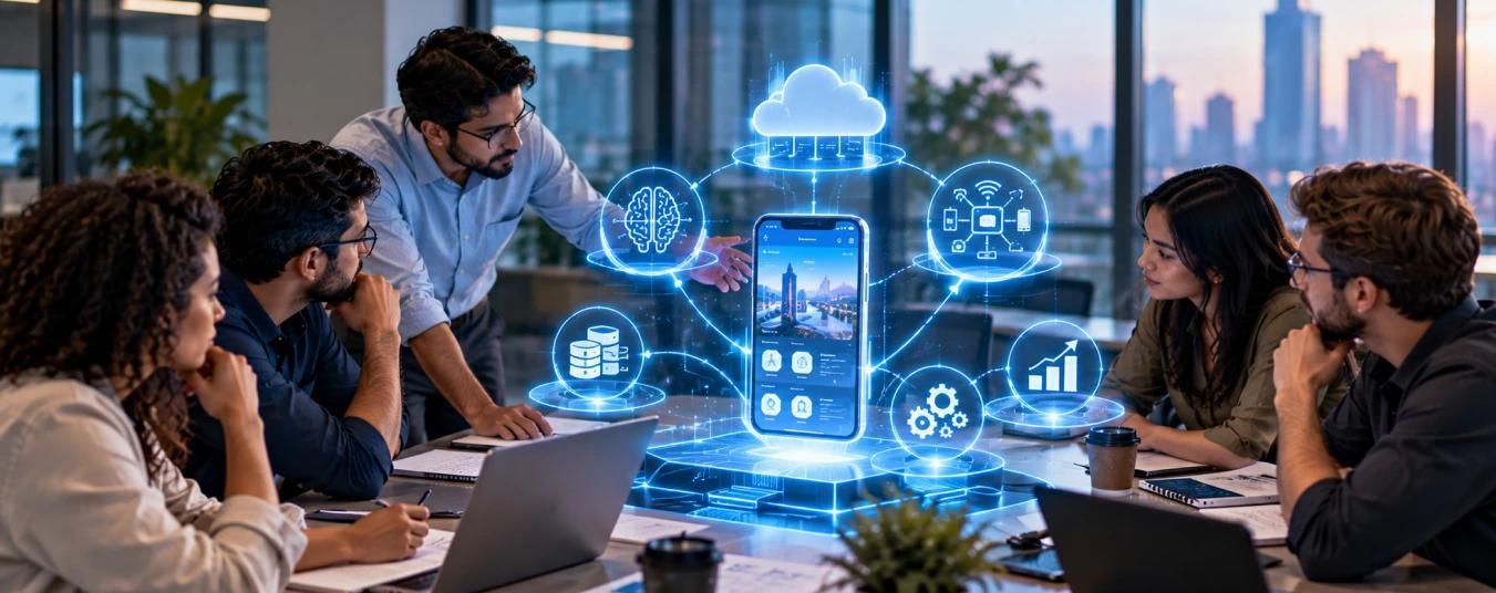 Team evaluating a mobile app connected to cloud, AI, IoT, data and analytics capabilities