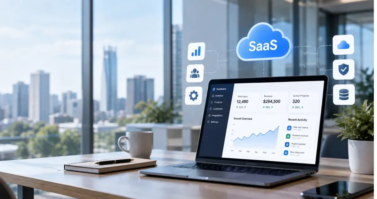 Team reviewing a cloud software dashboard on a laptop